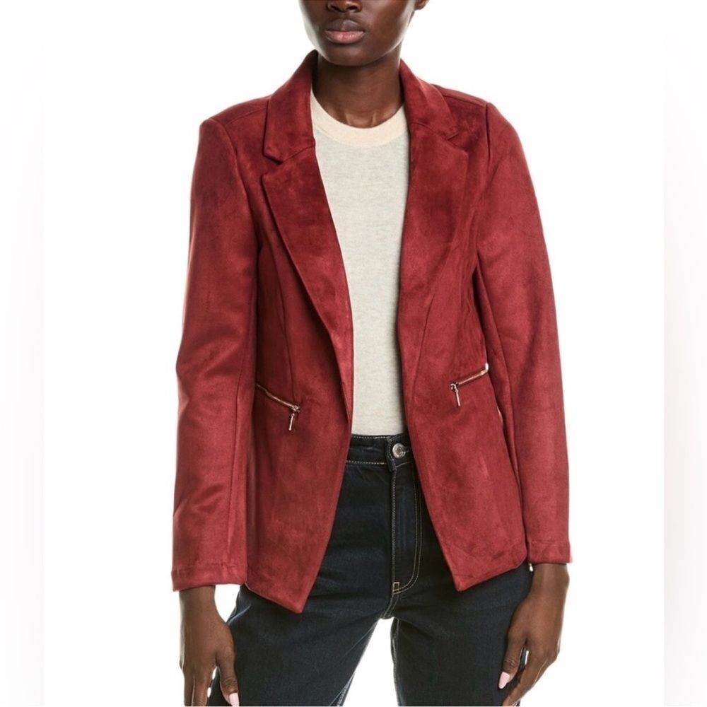 nanette lepore L Burgundy Wine Faux Suede Open Front Blazer Jacket